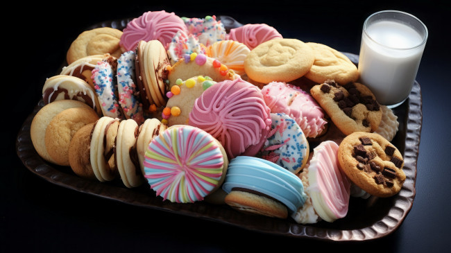 Обои картинки фото еда, пирожные,  кексы,  печенье, молоко, печенье, лакомство, ассорти