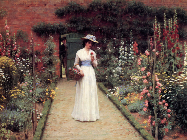 Обои картинки фото lady, in, garden, рисованные, edmund, leighton