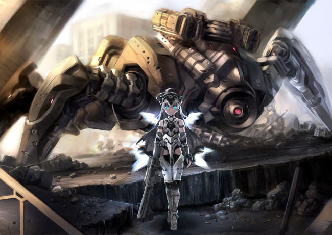 Обои картинки фото аниме, weapon, blood, technology, робот, девочка