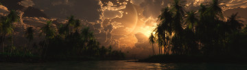 Картинка фэнтези пейзажи ночь океан острова пальмы планета