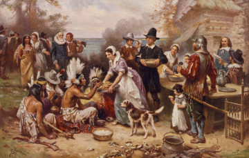 обоя jean, leon, gerome, ferris, the, first, thanksgiving, 1621, рисованные, индейцы, день, благодарения