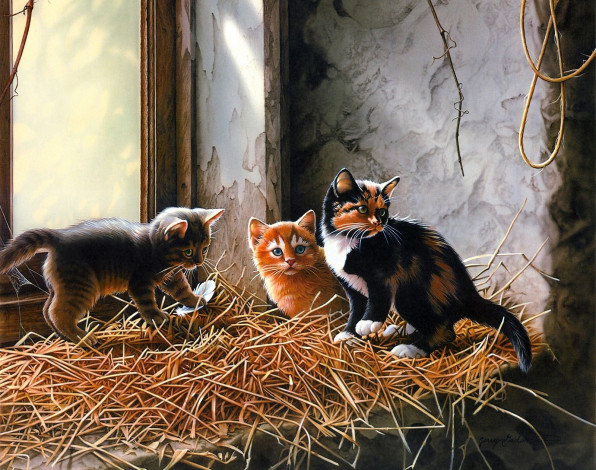 Обои картинки фото рисованные, jerry, gadamus, котята, на, подоконнике