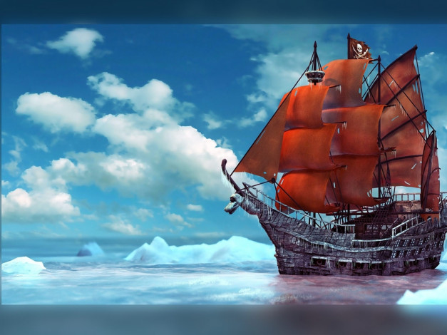 Обои картинки фото pirate, корабли, 3d, паруса, парусник, пират, красные