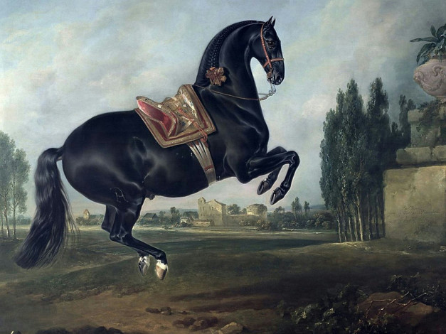 Обои картинки фото рисованные, johann, georg, hamilton, черный, конь