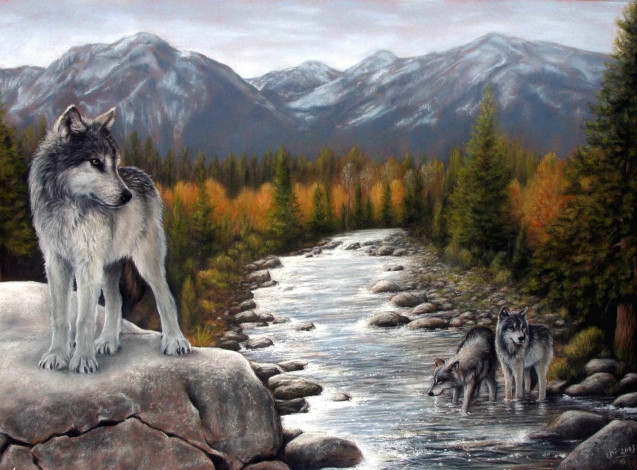 Обои картинки фото рисованные, животные, волки, горы, река, лес