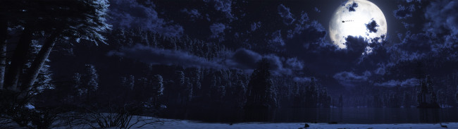 Обои картинки фото фэнтези, пейзажи, упряжка, луна, лес, озеро, ночь