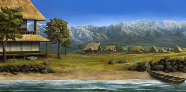 Обои картинки фото рисованные, живопись, деревня, лодка, горы, пейзаж, камни, река, дома