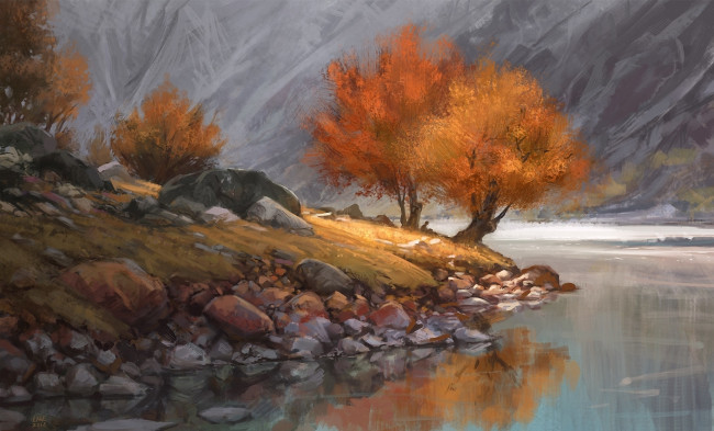 Обои картинки фото рисованные, природа, берег, камни, деревья, человек, сидя, один, одиночество, осень, горы, озеро, река