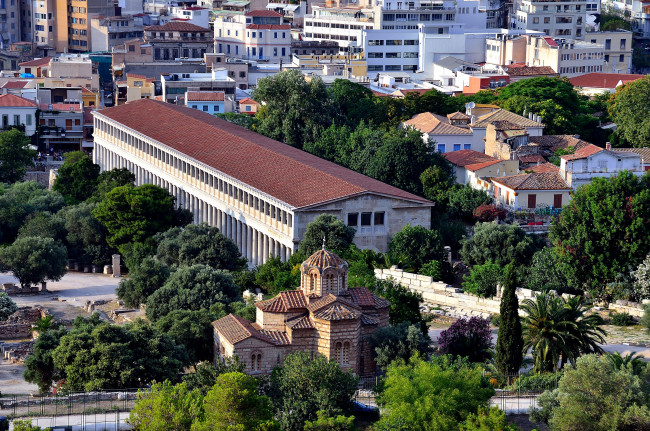 Обои картинки фото города, афины, греция, здания, деревья, панорама