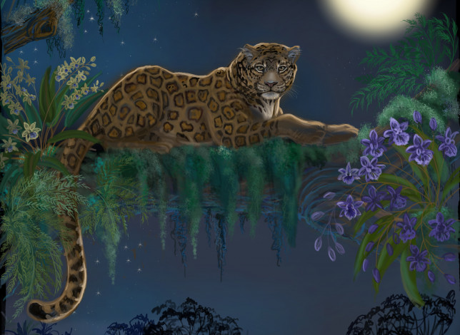 Обои картинки фото рисованные, животные, леопард, животное, хищник, взгляд, хвост, дерево, цветы, листья, лежит, ночь, луна