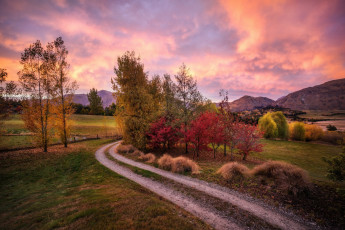 Картинка природа дороги горы утро осень дорога холмы новая зеландия