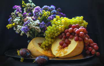 обоя еда, фрукты,  ягоды, сливы, виноград, дыня