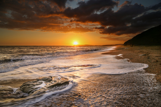 Обои картинки фото природа, восходы, закаты, солнце, волны, пляж, океан