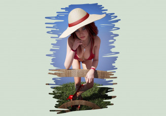 Картинка 3д+графика люди+ people шляпа купальник взгляд фон девушка