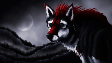 Картинка рисованное животные +волки взгляд волк луна фон