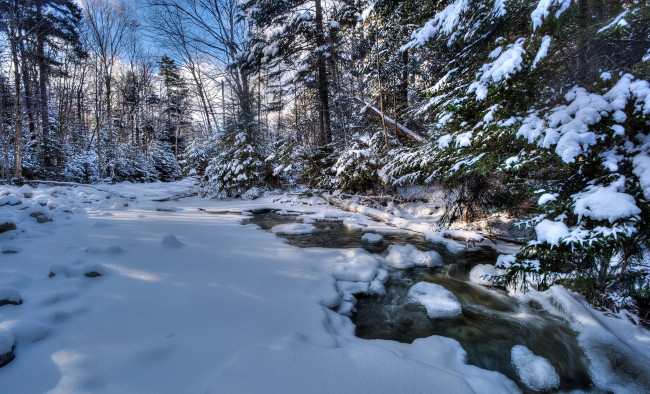Обои картинки фото природа, зима, снег, лес, ручей
