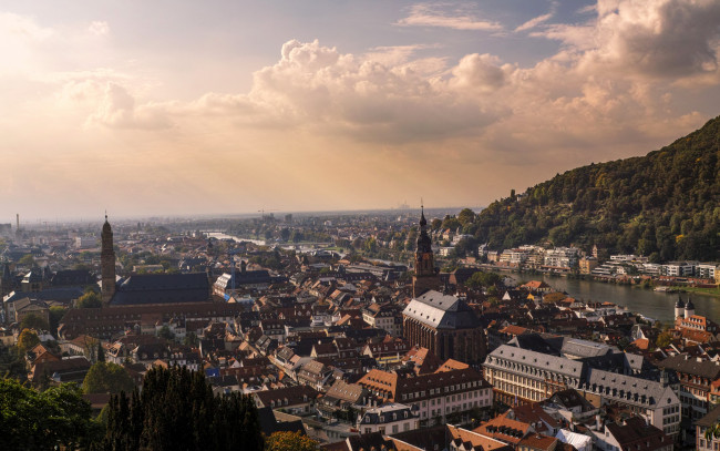 Обои картинки фото города, - панорамы, германия, heidelberg, дома, река, панорама, облака