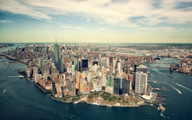 Обои картинки фото города, нью-йорк , сша, нью-йорк, манхэттен, море, побережье, залив, мегаполис, панорама