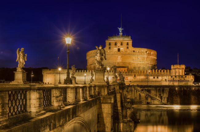 Обои картинки фото castel sant `angelo, города, рим,  ватикан , италия, ночь, мост, замок