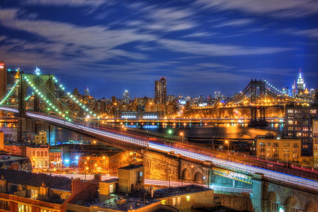 Обои картинки фото new york city, города, нью-йорк , сша, ночь, река, мосты, огни