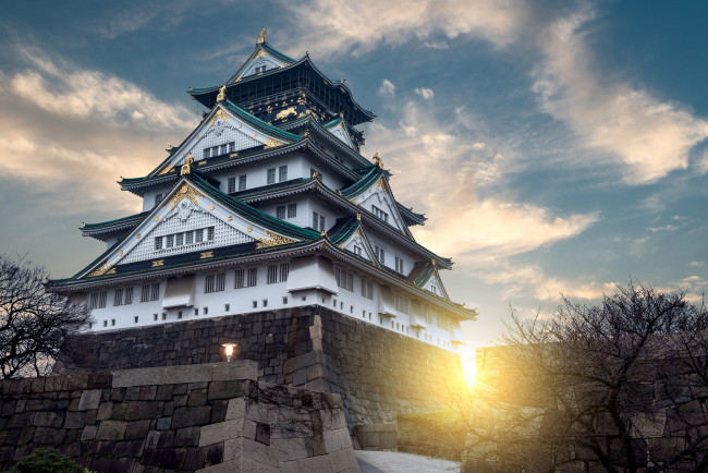 Обои картинки фото osaka castle, города, замки Японии, замок, рассвет