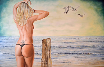 Картинка рисованное люди море фон чайки девушка тату