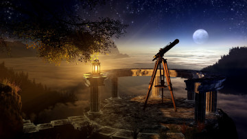 обоя 3д графика, атмосфера, настроение , atmosphere ,  mood , ветвь, небо, космос, залив, ночь, дерево, звёзды, луна, романтика, трава, телескоп, лампа