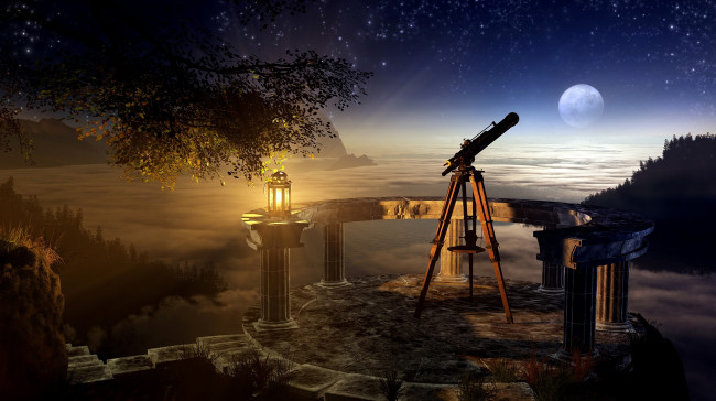 Обои картинки фото 3д графика, атмосфера, настроение , atmosphere ,  mood , ветвь, небо, космос, залив, ночь, дерево, звёзды, луна, романтика, трава, телескоп, лампа