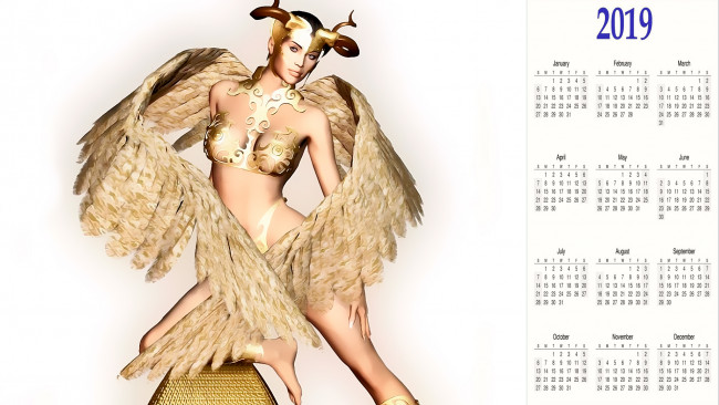 Обои картинки фото календари, фэнтези, рога, крылья, женщина
