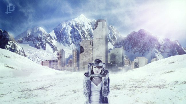 Обои картинки фото разное, компьютерный дизайн, девушка, город, снег, горы, рамка