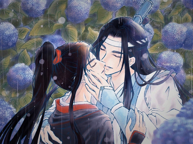 Обои картинки фото аниме, mo dao zu shi, лань, ванцзи, вэй, усянь, поцелуй, дождь, гортензии