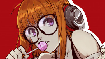 Картинка аниме музыка девушка лицо очки наушники леденец