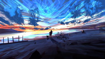 Картинка аниме пейзажи +природа девушка собака велосипед небо озеро