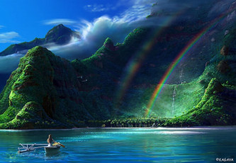 Картинка kagaya фэнтези горы радуга озеро лодка девушка