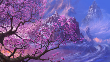Картинка рисованные природа сакура горы