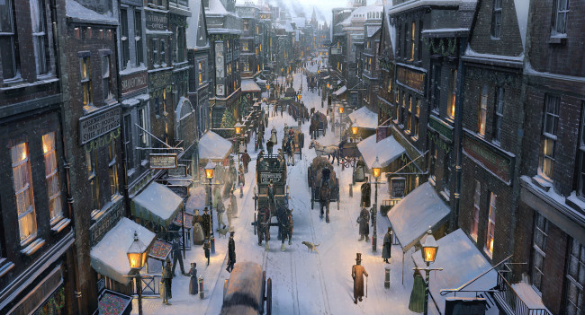 Обои картинки фото рисованные, города, арт, город, снег, зима, улица, повозки, лошади, люди, фонари