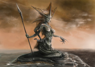 Картинка фэнтези существа арт копье siren море сирена naga хвост