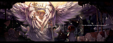 Картинка аниме -angels+&+demons развялины город фея ребенок свет облака крылья нимб ангел девушка цветок перья небо весы меч скелет труп