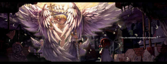 Обои картинки фото аниме, -angels & demons, развялины, город, фея, ребенок, свет, облака, крылья, нимб, ангел, девушка, цветок, перья, небо, весы, меч, скелет, труп