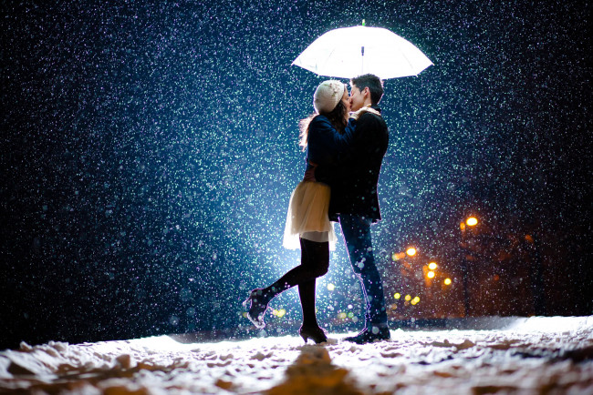 Обои картинки фото разное, мужчина женщина, парень, девушка, снег, зонт, любовь