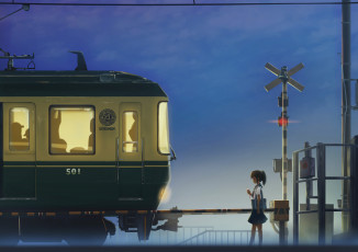 Картинка аниме музыка арт поезд телефон мобильный наушники вечер девочка