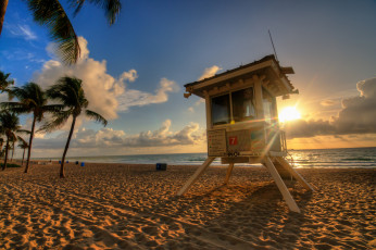 Картинка природа тропики пляж океан сияние будка пальмы