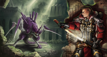 Картинка фэнтези красавицы+и+чудовища существо меч доспехи схватка монстр девушка воин