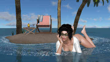 Картинка 3д+графика люди+ people фон взгляд девушка шезлонг остров море стол пальмы