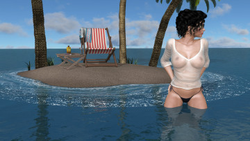 Картинка 3д+графика люди+ people остров море фон взгляд девушка стол пальмы шезлонг
