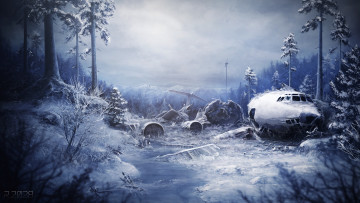 Картинка фэнтези иные+миры +иные+времена мир тайга самолет иной крушение лес зима
