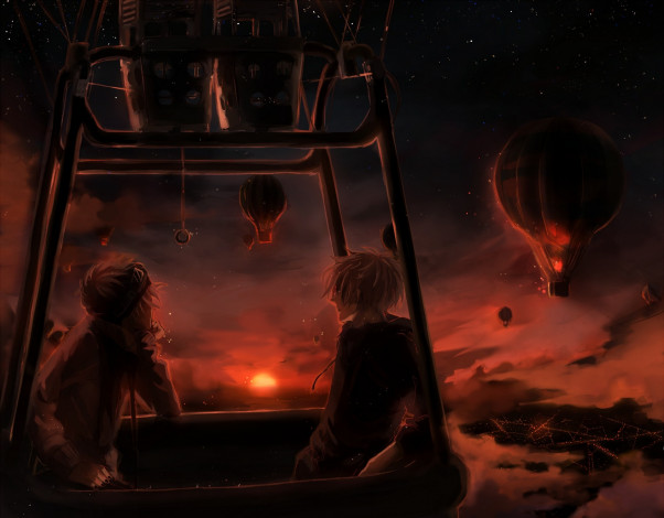 Обои картинки фото аниме, unknown,  другое, парни, yuruikarameru, арт, огни, город, солнце, облака, небо, закат, воздушный, шар, пейзаж, полет