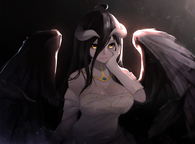 Обои картинки фото аниме, overlord, рога, девушка, albedo, ariinine, арт, крылья, улыбка, паутина