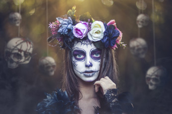 обоя разное, маски,  карнавальные костюмы, черепа, девушка, kobi, alony, венок, грим, day, of, the, dead
