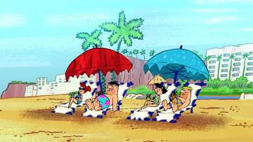 Картинка мультфильмы the+flintstones пляж пальма шезлонг женщина мужчина